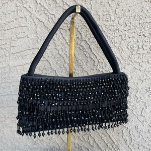 VINTAGE 90s Y2K Black Satin Beaded Fringe Handbag Formal Cocktail Evening Bag